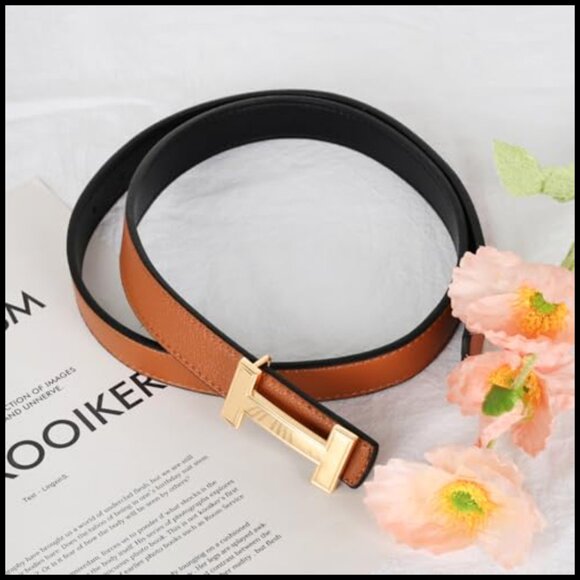 Classic Elegant Leather Belt Gold Buckle Fashion Waist Band Versatile Chic